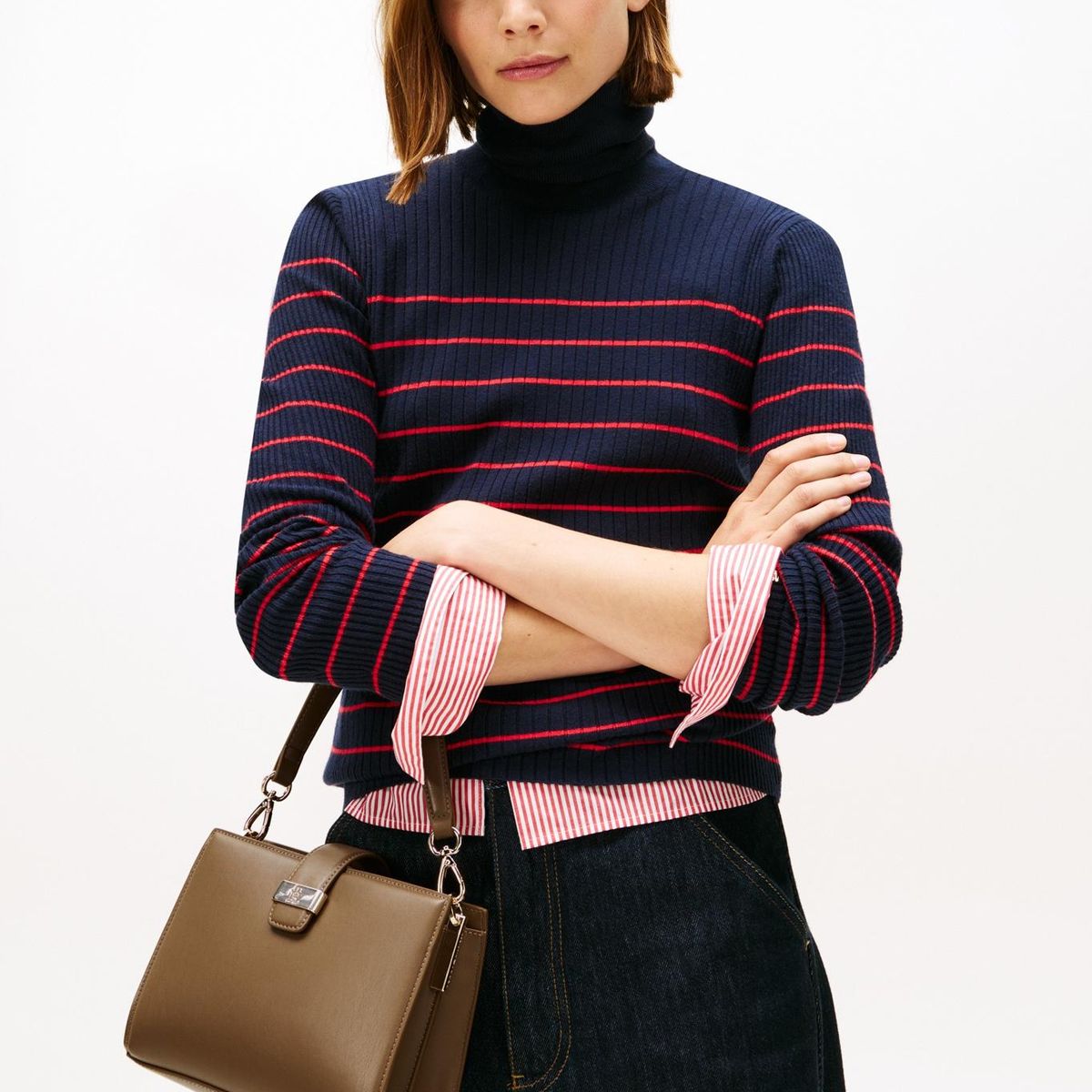 TOMMY HILFIGER - Bolso café satchel con monograma TH Tommy Hilfiger