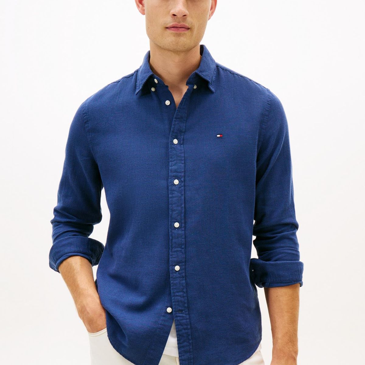 TOMMY HILFIGER - Camisa azul de corte regular en tejido dobby Tommy Hilfiger