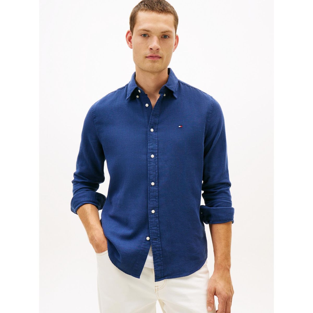 TOMMY HILFIGER - Camisa azul de corte regular en tejido dobby Tommy Hilfiger