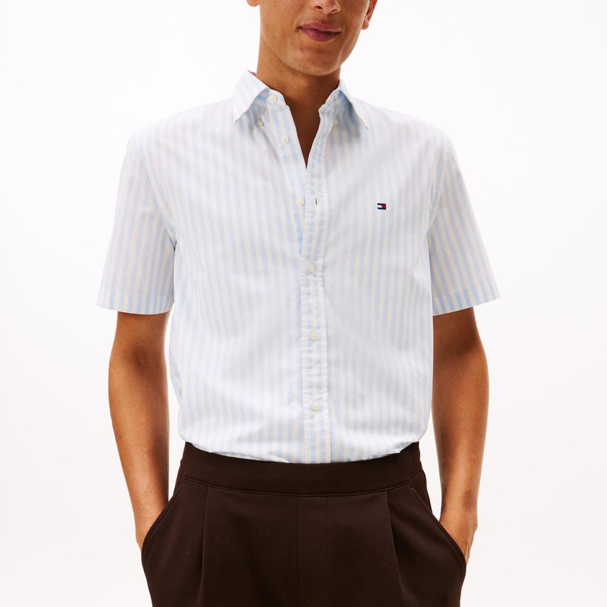 TOMMY HILFIGER - Camisa celeste flex poplin de rayas manga corta con logo Tommy Hilfiger