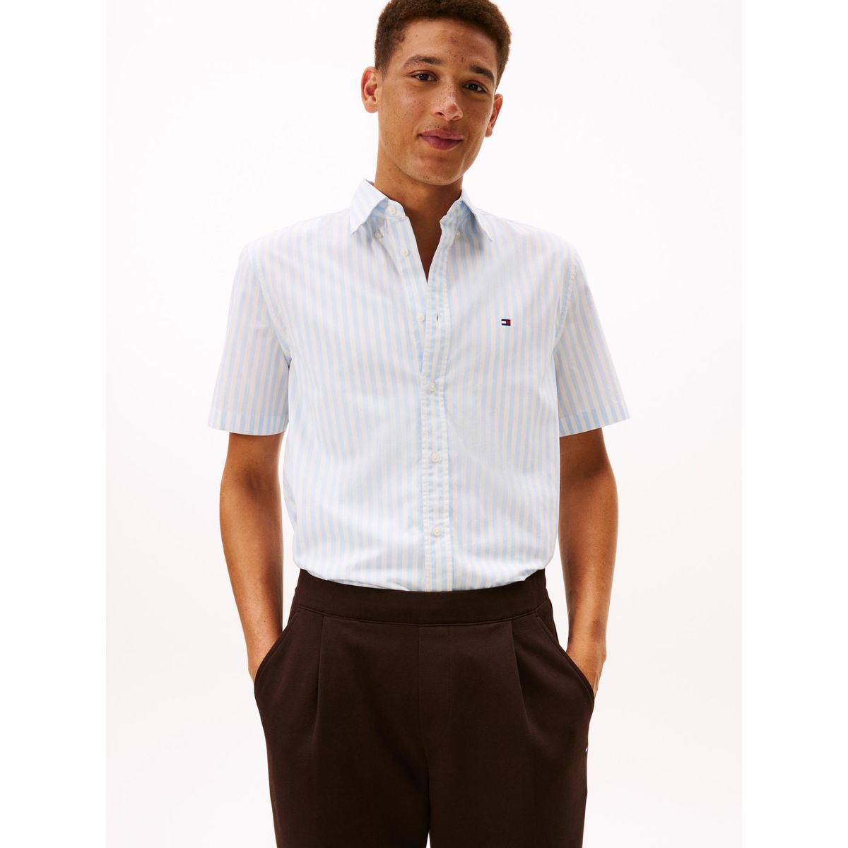 TOMMY HILFIGER - Camisa celeste flex poplin de rayas manga corta con logo Tommy Hilfiger