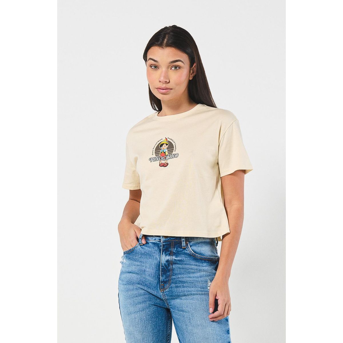 KOAJ - KOAJ Camiseta kaki clara crop top con estampado de Pinocho Mujer