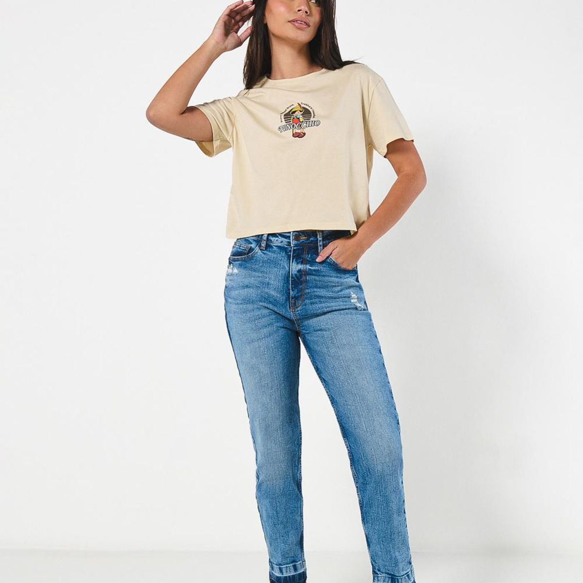 KOAJ - KOAJ Camiseta kaki clara crop top con estampado de Pinocho Mujer