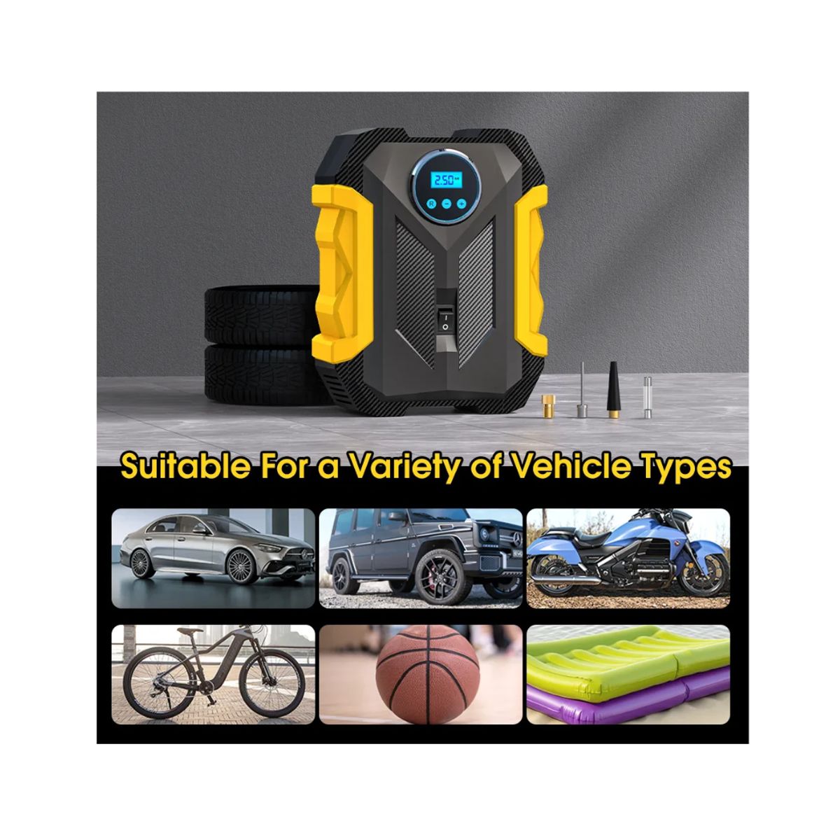 GENERICO - Compresor de Aire Automotriz Carsun Portátil 12V para Inflado de Neumáticos con Manómetro Digital