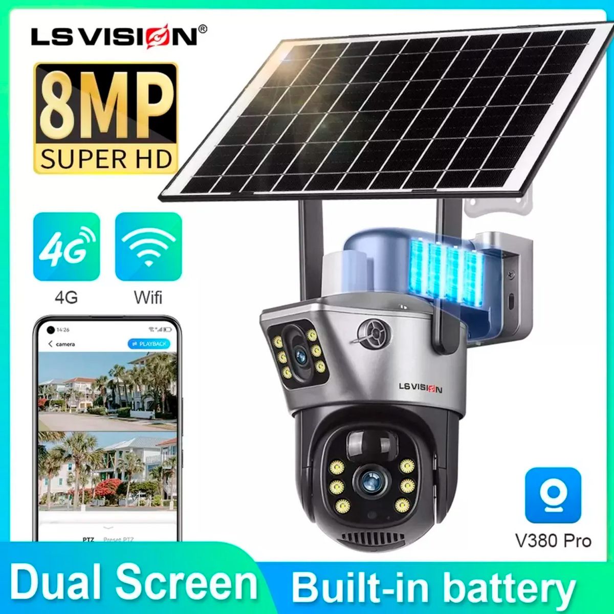 GENERICO - Camara Solar Doble Lente Panel Solar Bateria 8000mA Wifi