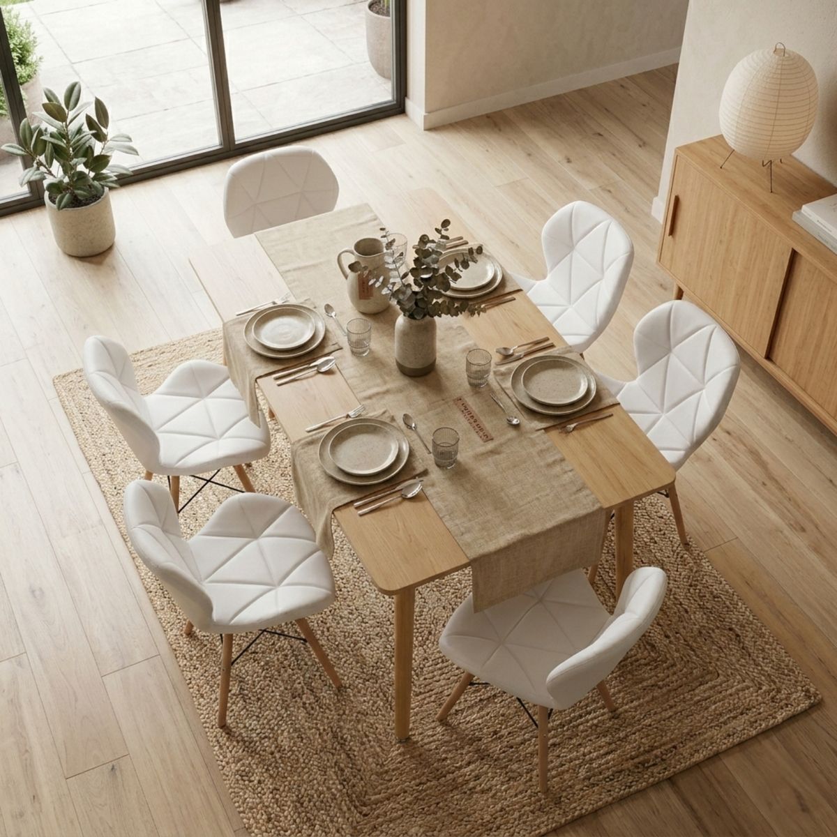 ENTRE NOS HOME - Comedor Mariposa 6 Puestos Mesa Rectangular Honey Madera Natural 140cm y Sillas Blancas Acolchadas