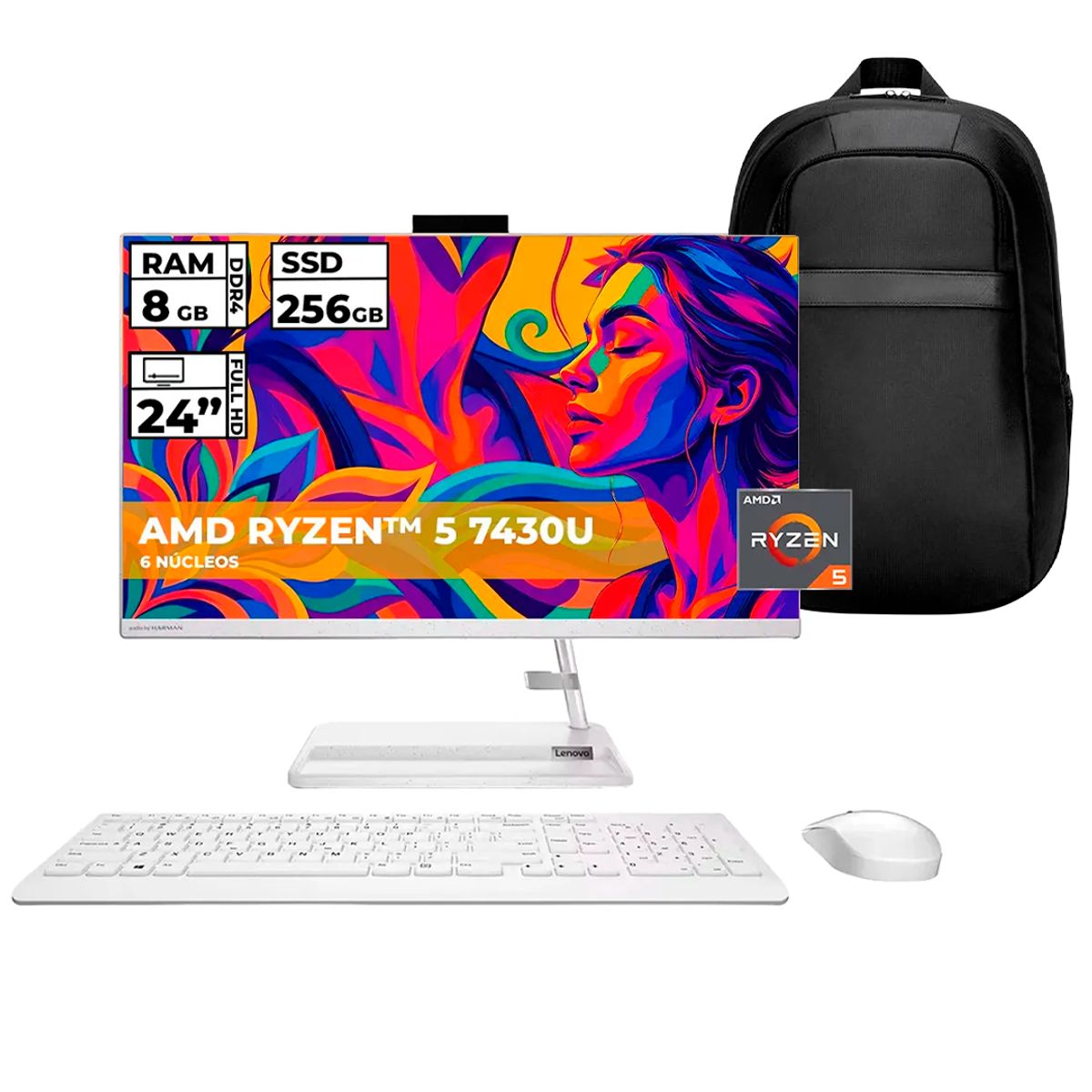 LENOVO - TODO EN UNO AIO 3 AMD RYZEN 5-7430U 8GB RAM 256GB SSD 24 FHD BLANCO + BOLSO OBSEQUIO