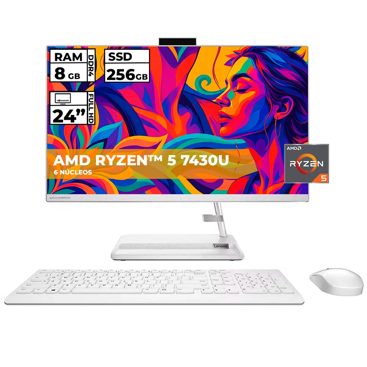 LENOVO - TODO EN UNO AIO 3 AMD RYZEN 5-7430U 8GB RAM 256GB SSD 24 FHD BLANCO + BOLSO OBSEQUIO