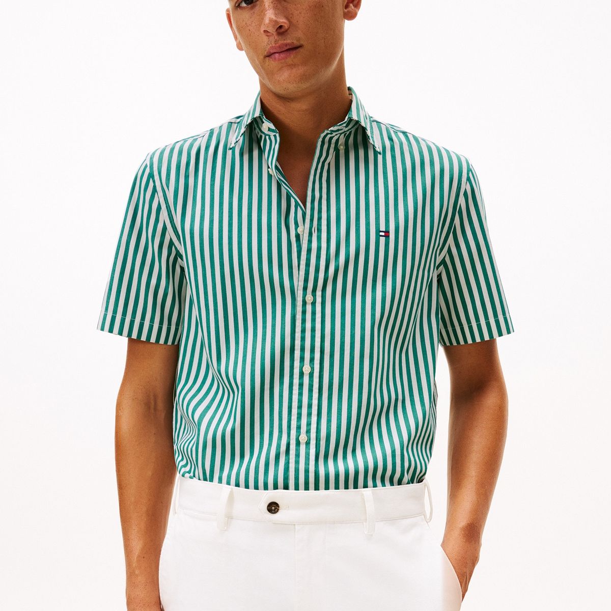 TOMMY HILFIGER - Camisa beige flex poplin de rayas manga corta con logo Tommy Hilfiger