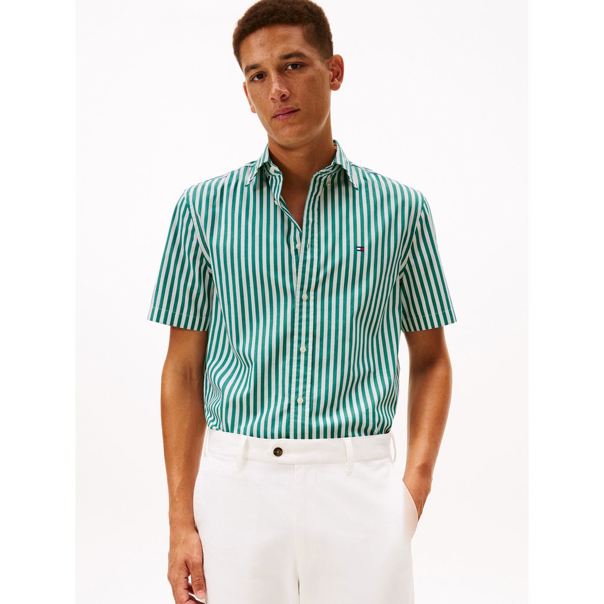 TOMMY HILFIGER - Camisa beige flex poplin de rayas manga corta con logo Tommy Hilfiger