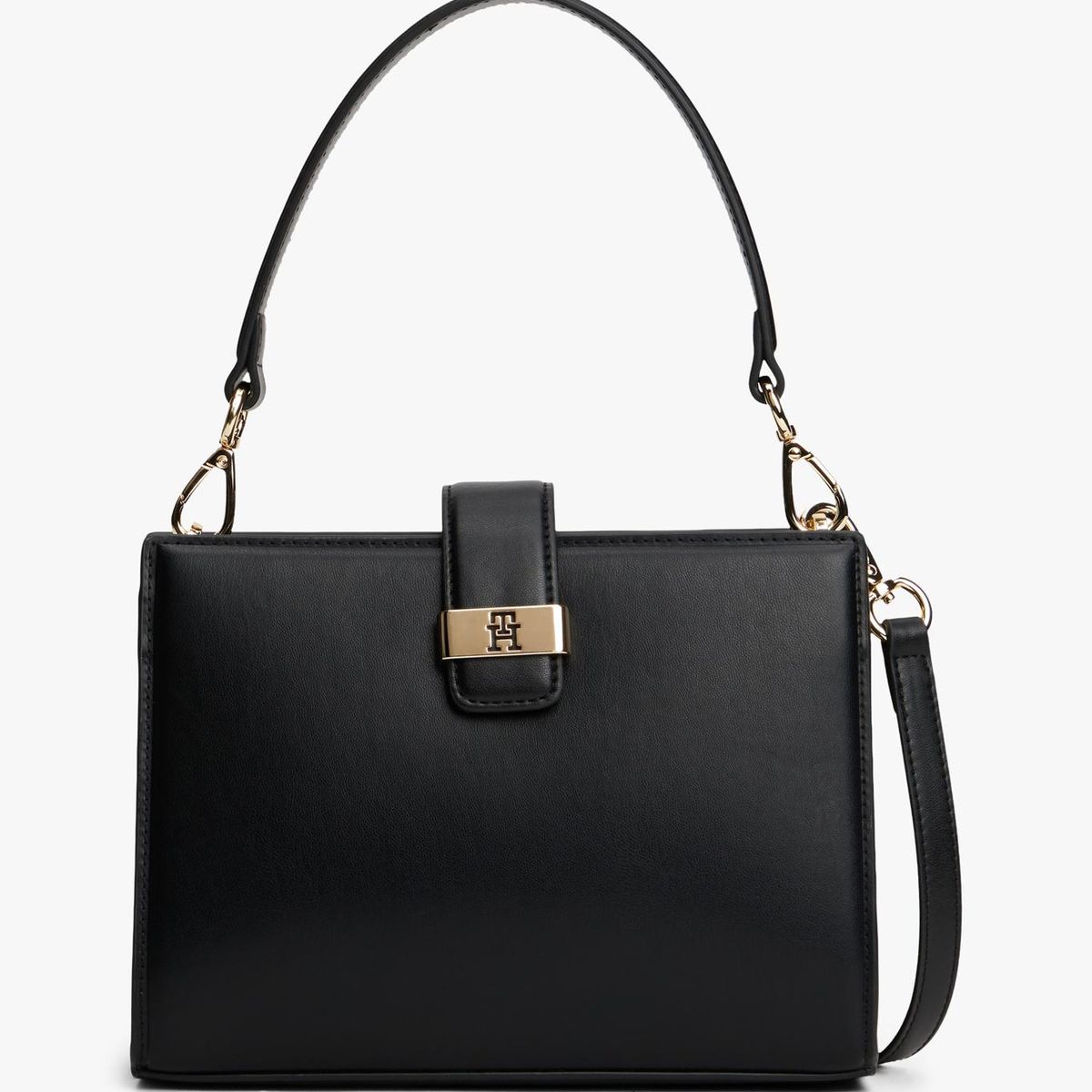 TOMMY HILFIGER - Bolso negro satchel con monograma TH Tommy Hilfiger