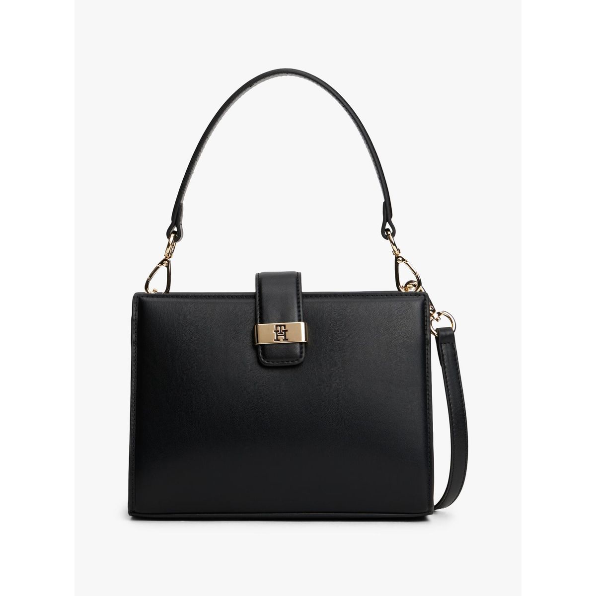 TOMMY HILFIGER - Bolso negro satchel con monograma TH Tommy Hilfiger