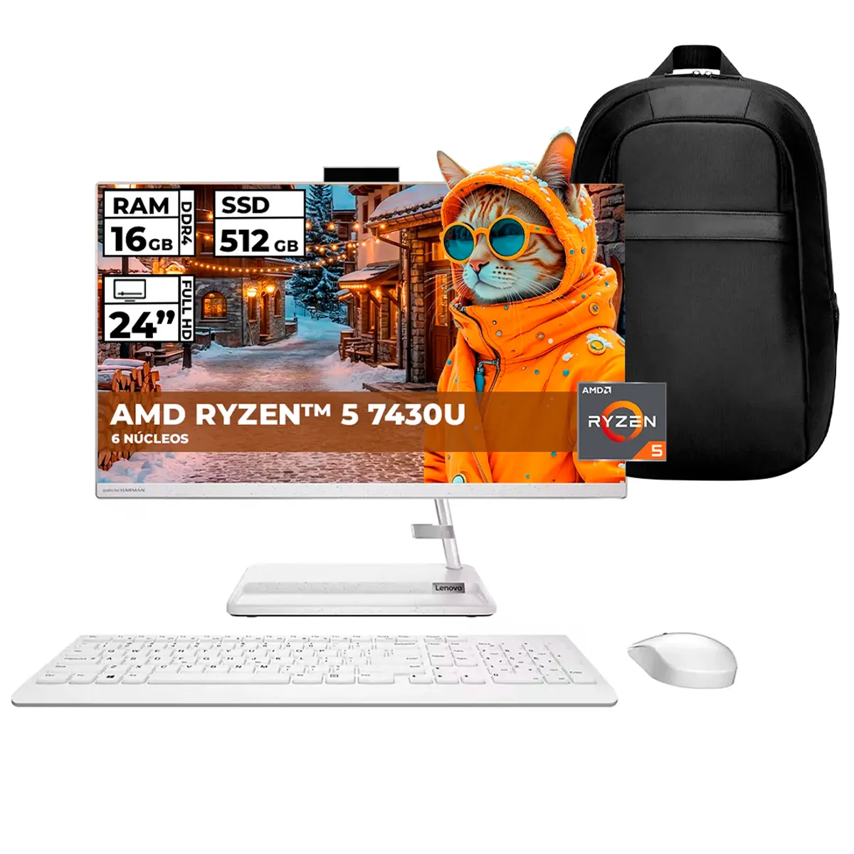 LENOVO - TODO EN UNO AIO 3 AMD RYZEN 5-7430U 16GB RAM 512GB SSD 24 FHD BLANCO + BOLSO OBSEQUIO