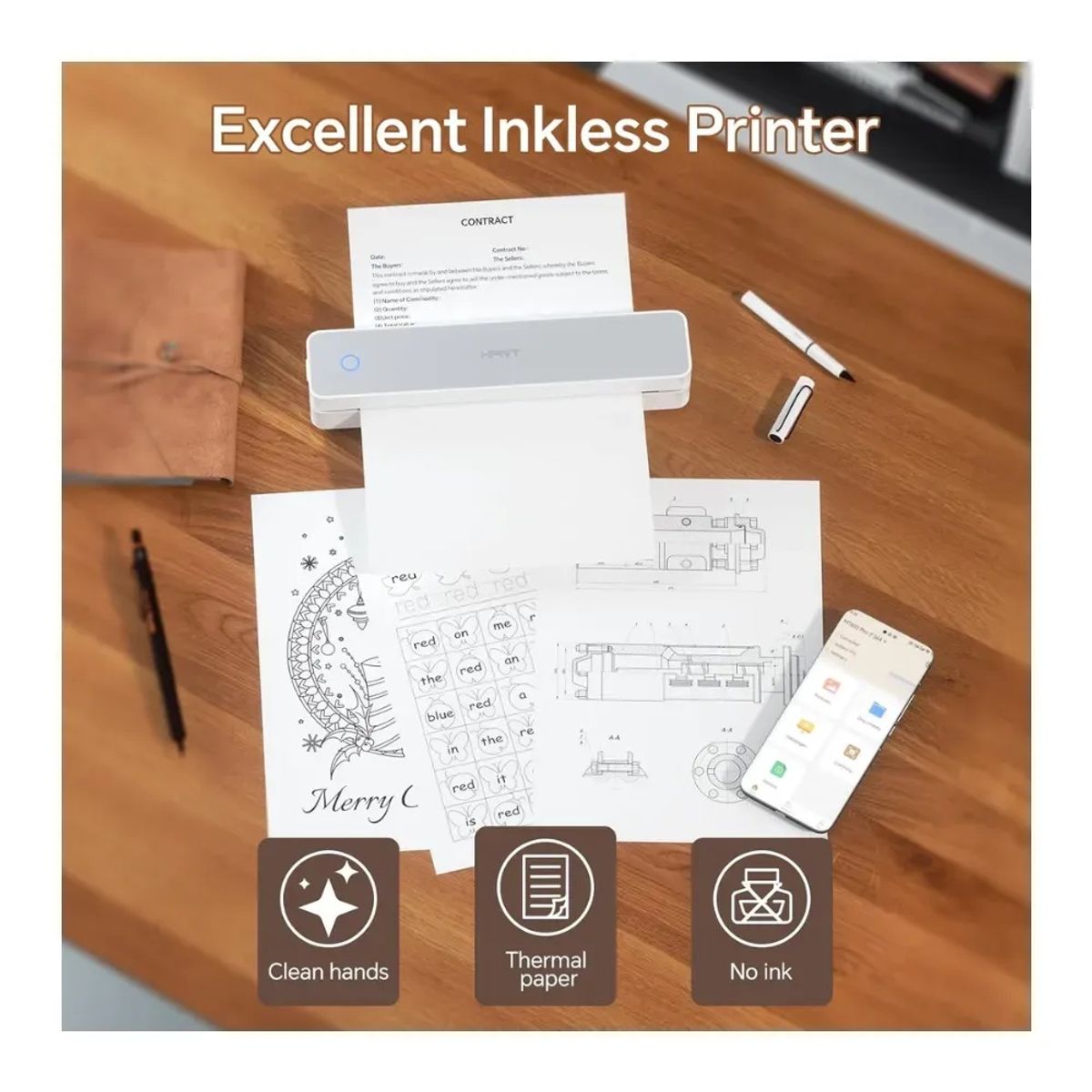 GENERICO - Mini Impresora Portatil A4 Termica sin Tinta Conexion Bluetooth