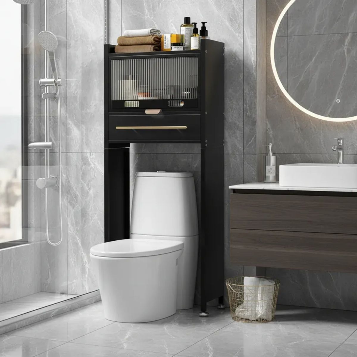 TECNOHOGAR JS - Mueble Organizador Baño Estante Metalico Moderno Premium Negro