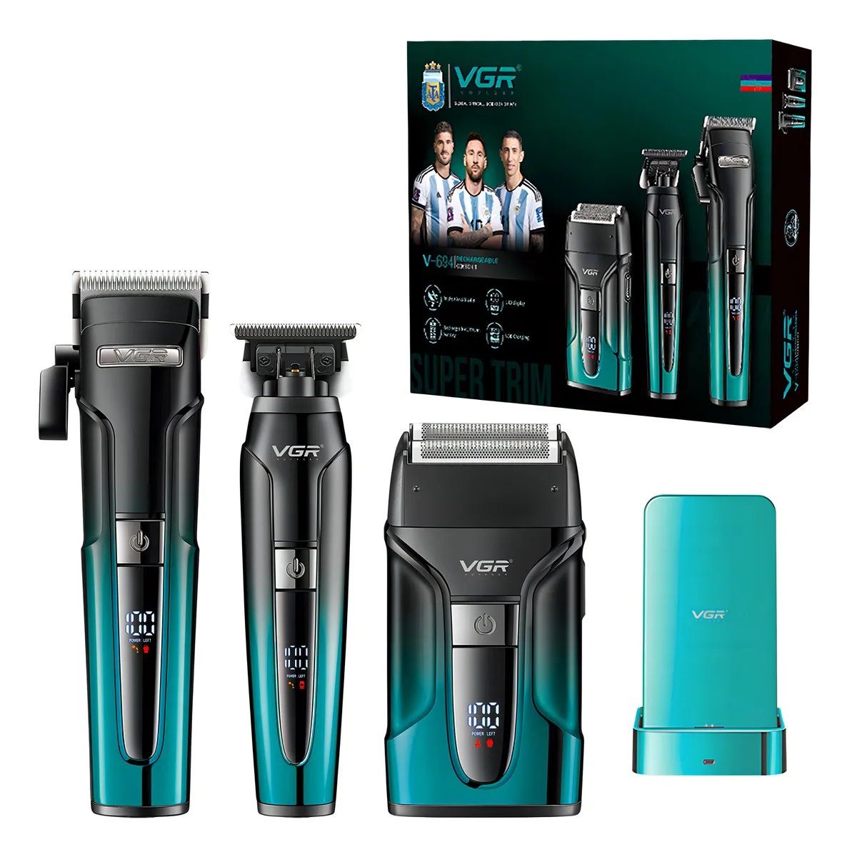 VGR - Combo Cortadora Pelo Shaver 3 En 1 Profesional V-694 Base De Carga
