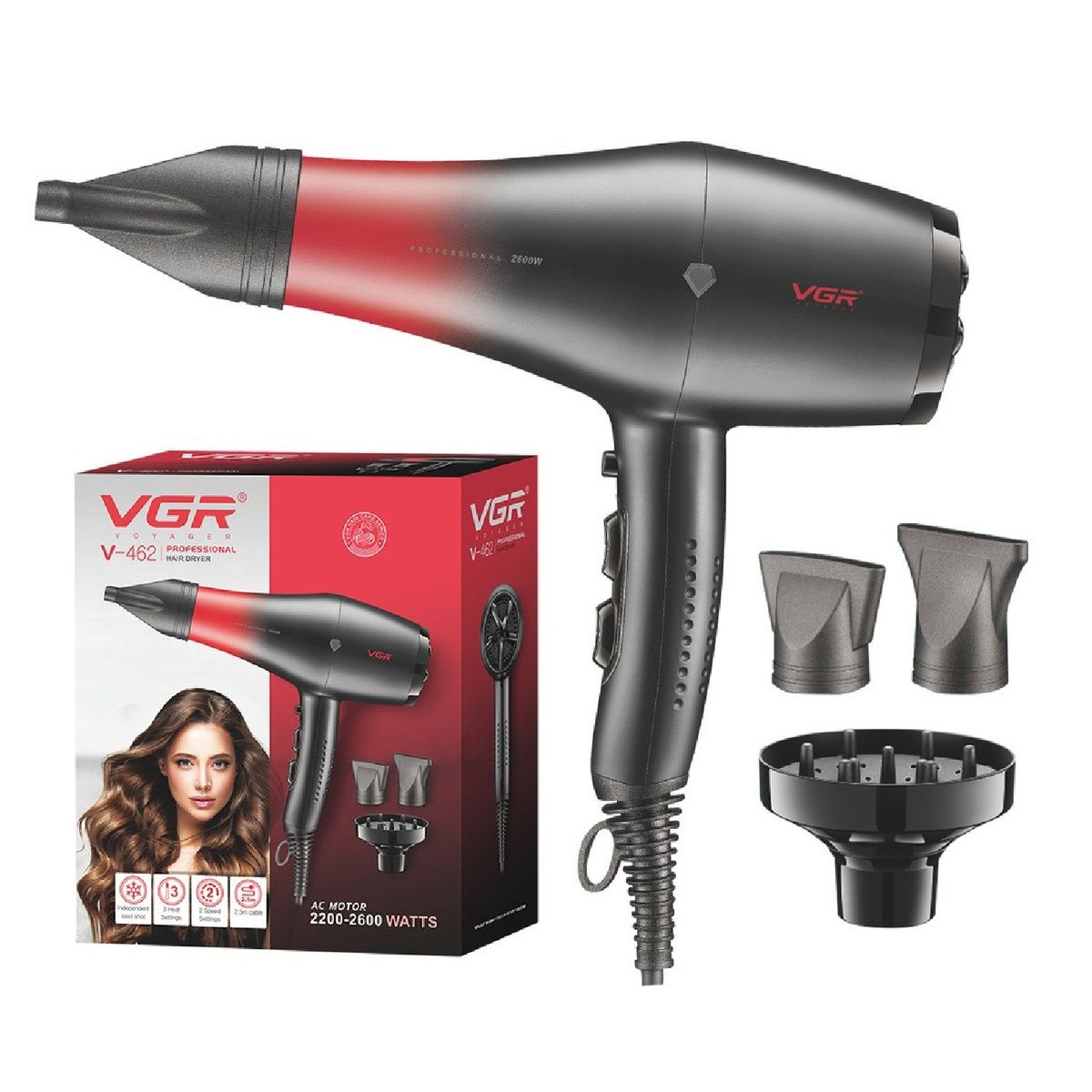 VGR - Secador Cabello Profesional 3 Boquillas Cable 2,5m 1500 WATTS VGR V-462