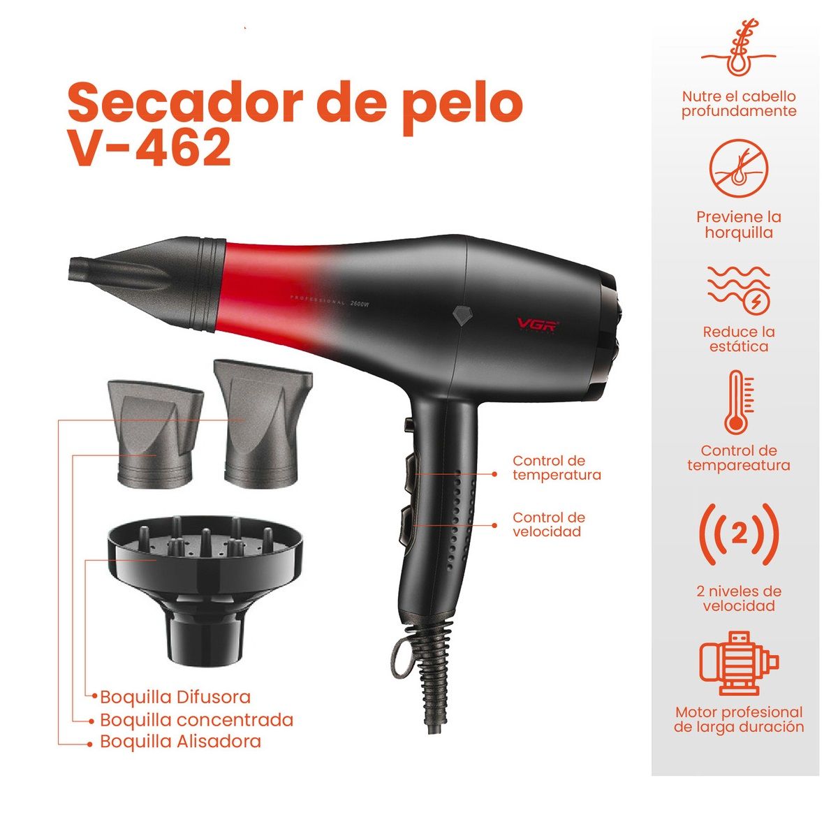 VGR - Secador Cabello Profesional 3 Boquillas Cable 2,5m 1500 WATTS VGR V-462