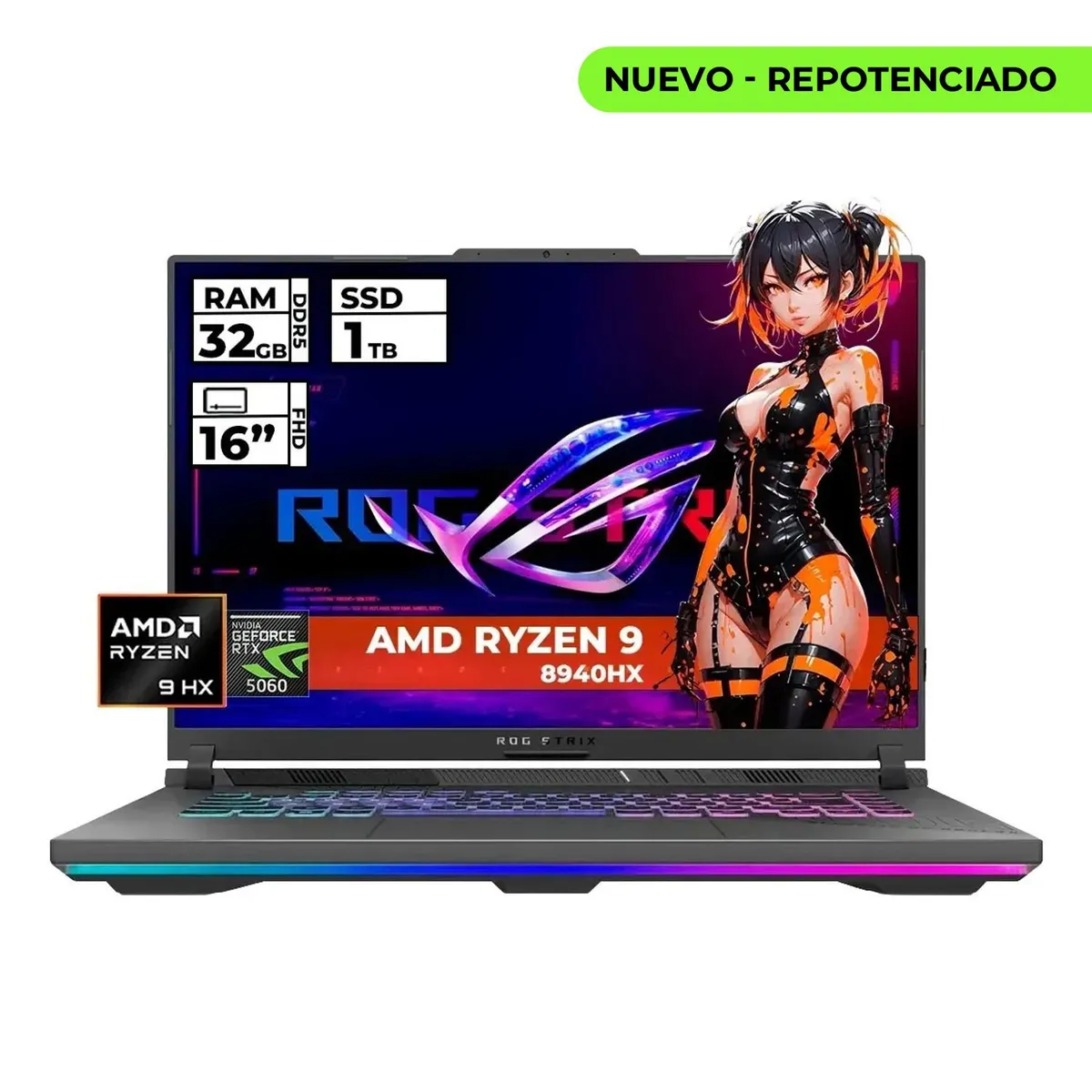 ASUS - PORTATIL ASUS GAMER ROG STRIX G16 RYZEN 9 8940HX 32GB 1TB SSD RTX 5060 8GB GDDR7 16" W 11 HOME GRIS