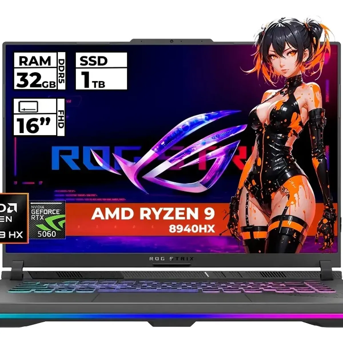 ASUS - PORTATIL ASUS GAMER ROG STRIX G16 RYZEN 9 8940HX 32GB 1TB SSD RTX 5060 8GB GDDR7 16" W 11 HOME GRIS
