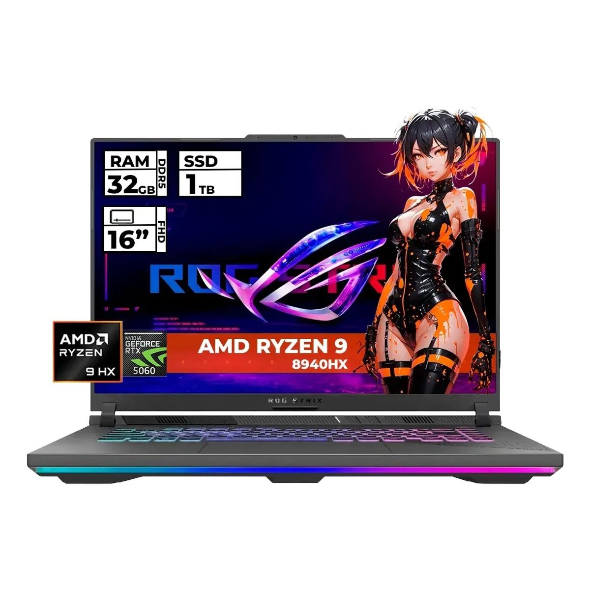 ASUS - PORTATIL ASUS GAMER ROG STRIX G16 RYZEN 9 8940HX 32GB 1TB SSD RTX 5060 8GB GDDR7 16" W 11 HOME GRIS