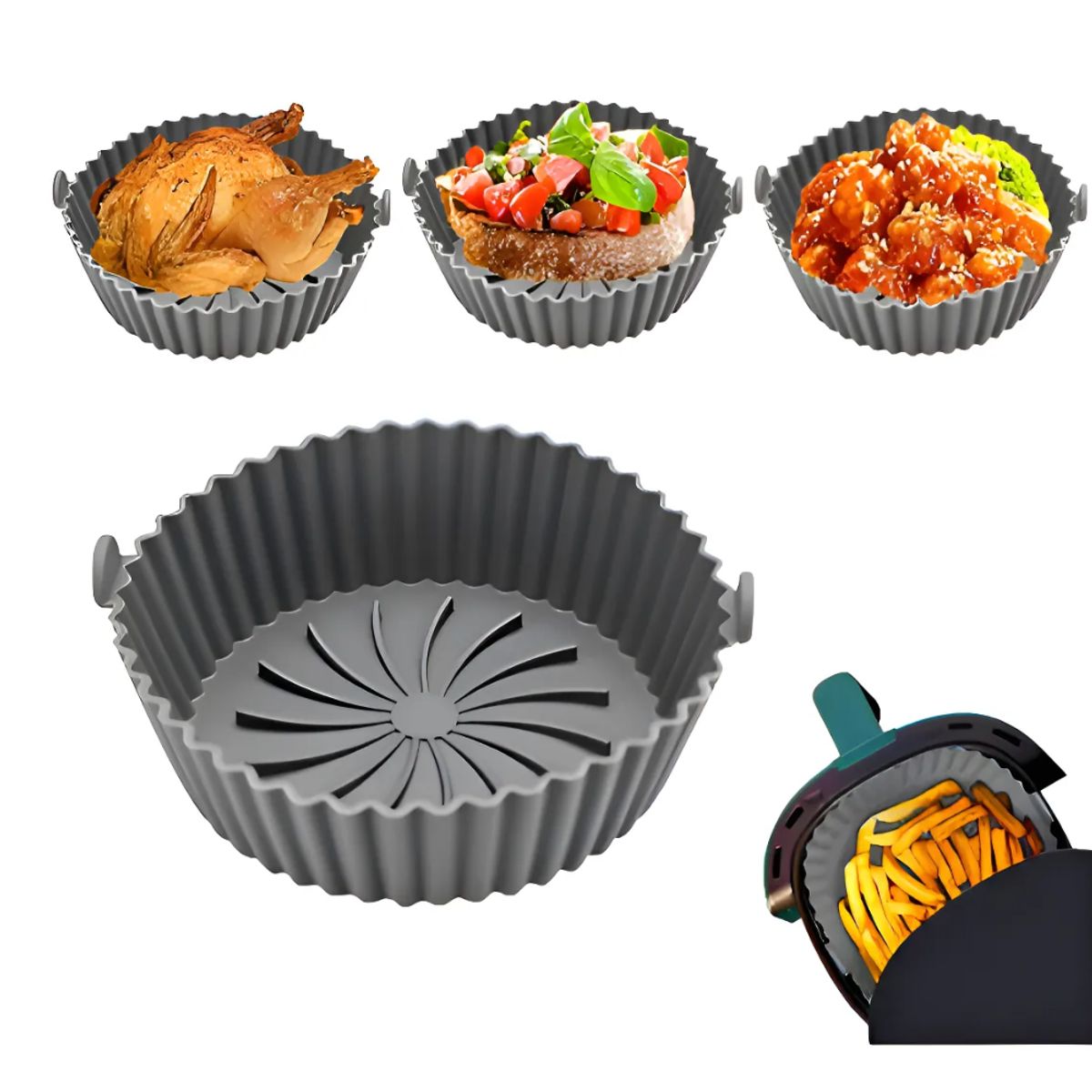 TECNOHOGAR JS - Canastilla Silicona Olla Freidora Air Fryer Reutilizable Color Gris