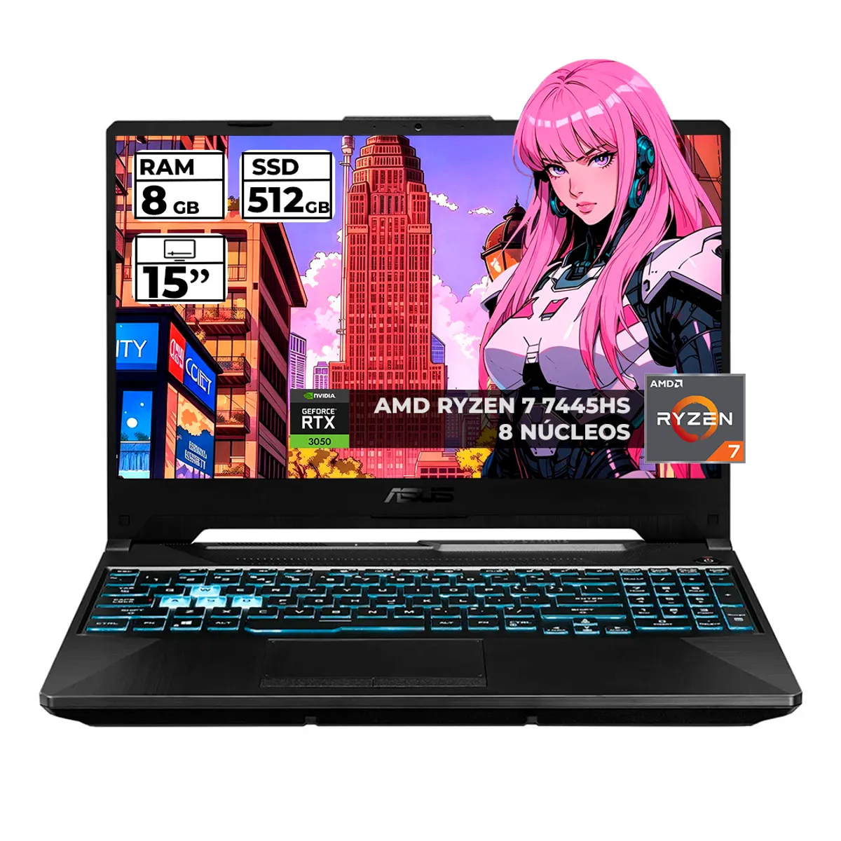 ASUS - PORTATIL GAMER ASUS TUF RYZEN 7 7445HS 8 GB RAM 512 GB SSD 15" FHD GEFORCE RTX 3050 4 GB NEGRO