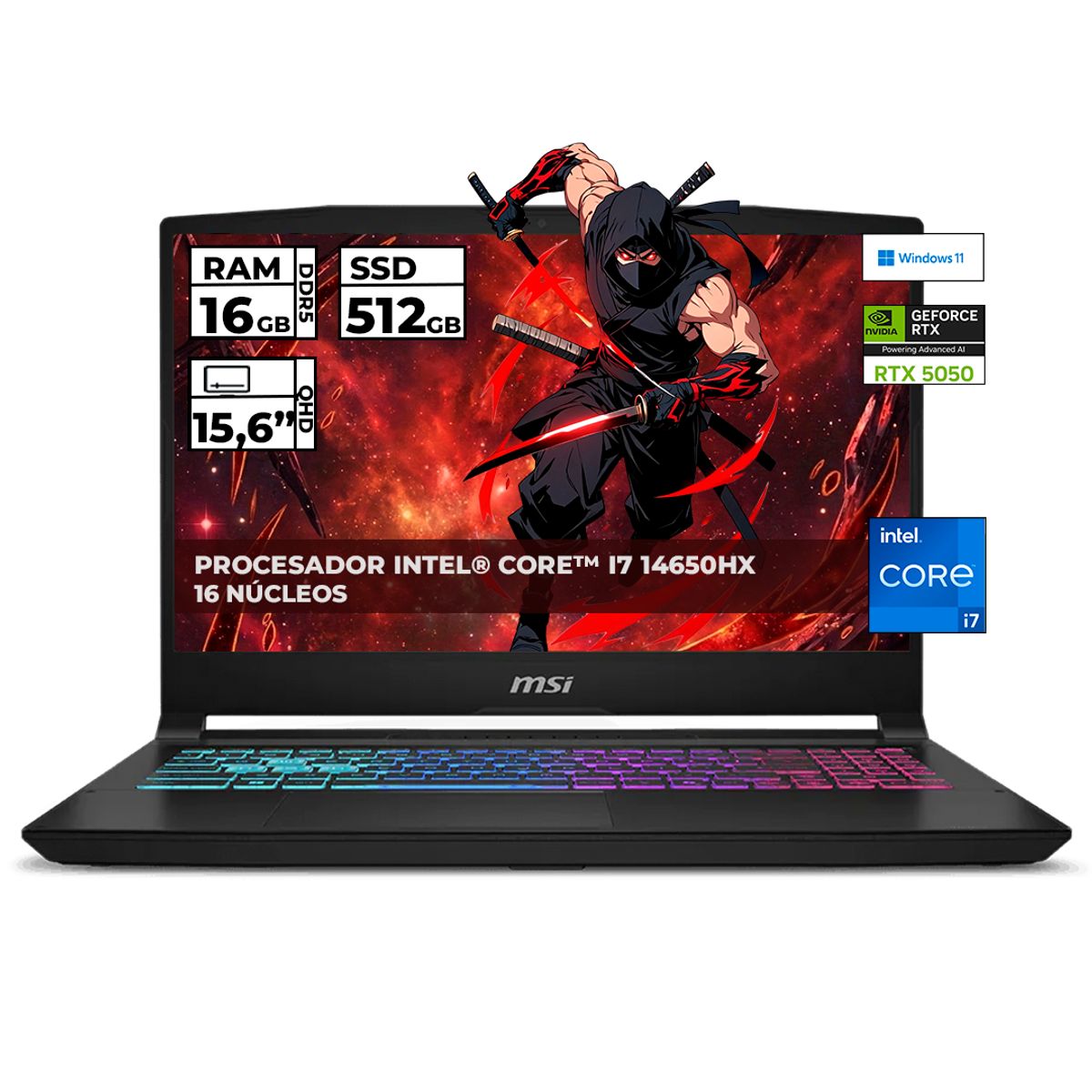 MSI - PORTATIL KATANA MSI INTEL CORE I7 14650HX 16 GB RAM 512 GB SSD 15 PULGADAS RTX 5050 8 GB DDR7 NEGRO