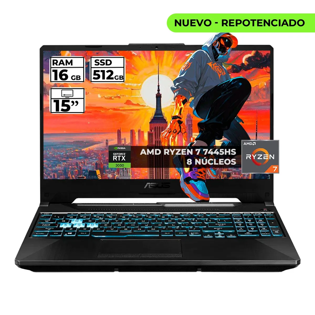 ASUS - PORTATIL GAMER ASUS TUF RYZEN 7 7445HS 16 GB RAM 512 GB SSD 15" FHD GEFORCE RTX 3050 4 GB NEGRO