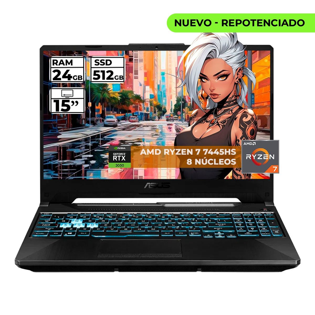 ASUS - PORTATIL GAMER ASUS TUF RYZEN 7 7445HS 24 GB RAM 512 GB SSD 15" FHD GEFORCE RTX 3050 4 GB NEGRO