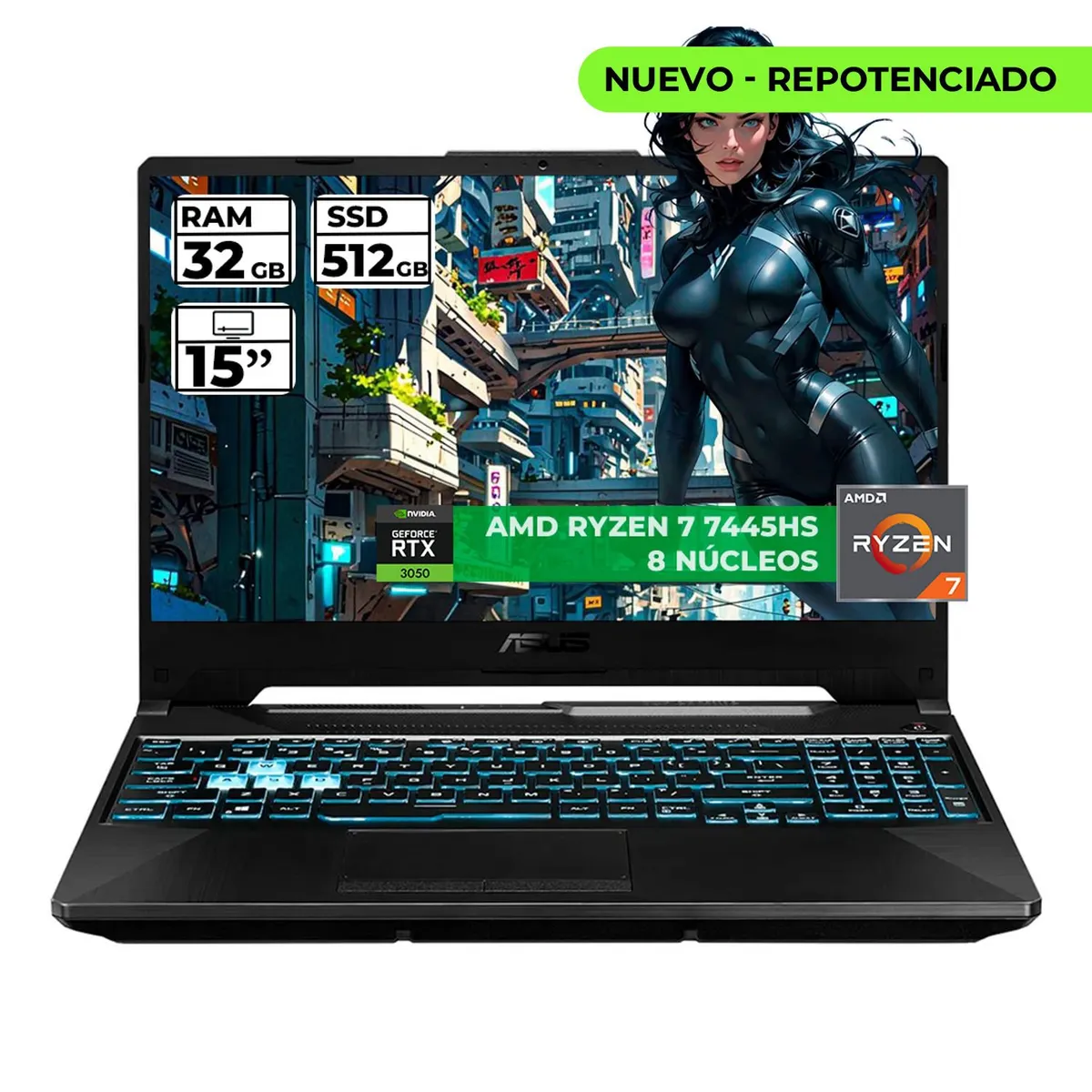 ASUS - PORTATIL GAMER ASUS TUF RYZEN 7 7445HS 32 GB RAM 512 GB SSD 15" FHD GEFORCE RTX 3050 4 GB NEGRO