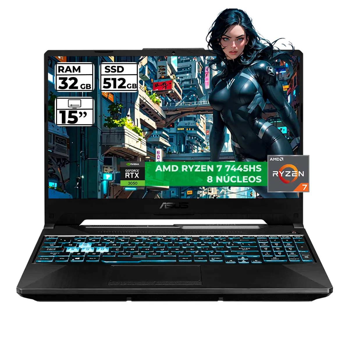 ASUS - PORTATIL GAMER ASUS TUF RYZEN 7 7445HS 32 GB RAM 512 GB SSD 15" FHD GEFORCE RTX 3050 4 GB NEGRO
