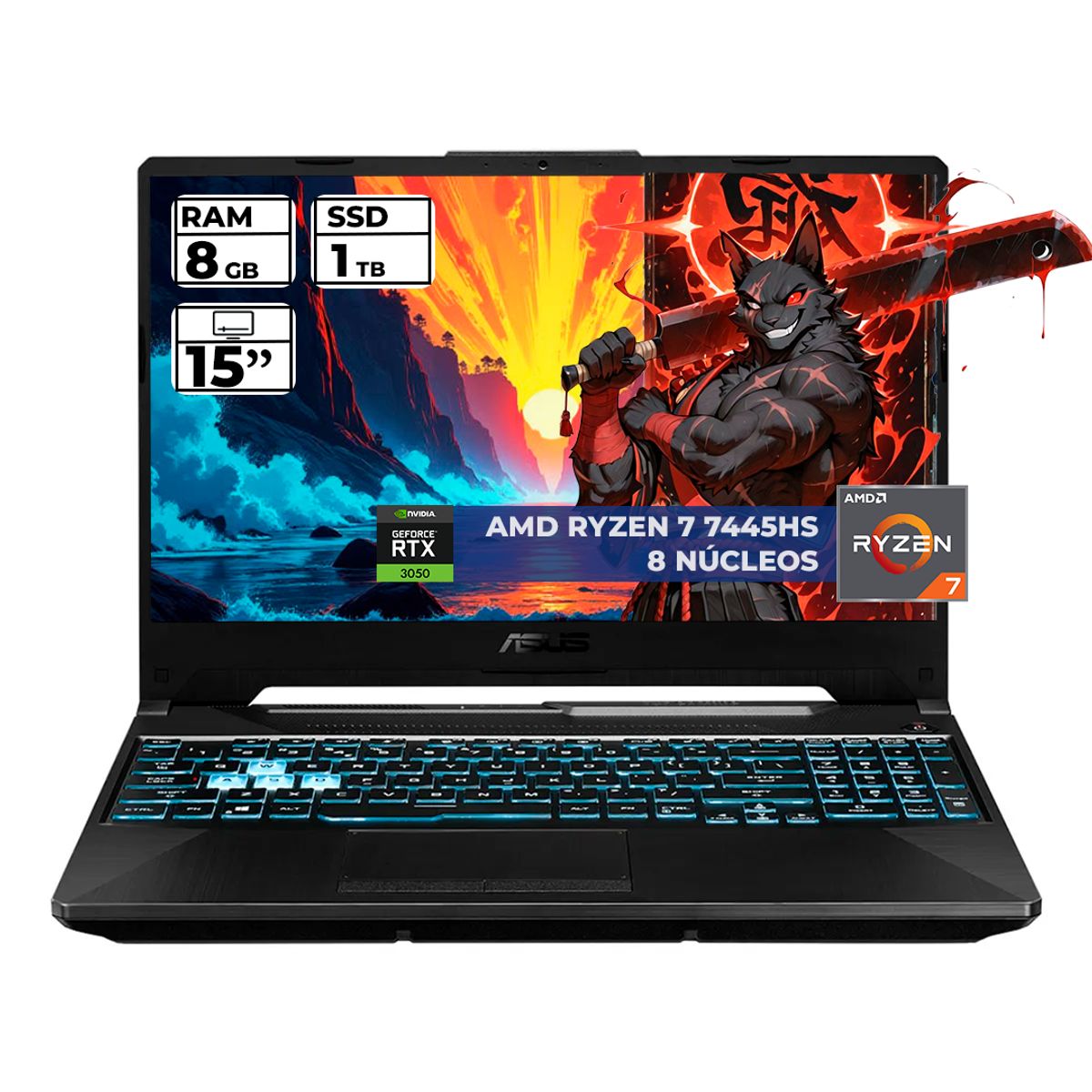 ASUS - PORTATIL GAMER ASUS TUF RYZEN 7 7445HS 8 GB RAM 1 TB SSD 15" FHD GEFORCE RTX 3050 4 GB NEGRO