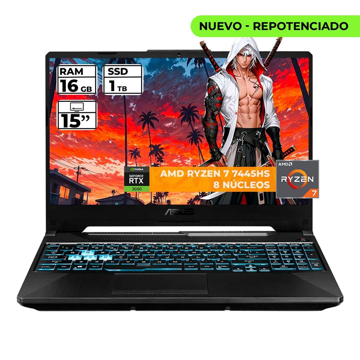 ASUS - PORTATIL GAMER ASUS TUF RYZEN 7 7445HS 16 GB RAM 1 TB SSD 15" FHD GEFORCE RTX 3050 4 GB NEGRO