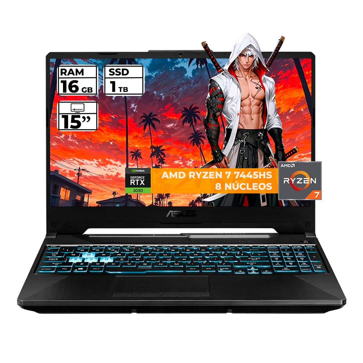 ASUS - PORTATIL GAMER ASUS TUF RYZEN 7 7445HS 16 GB RAM 1 TB SSD 15" FHD GEFORCE RTX 3050 4 GB NEGRO