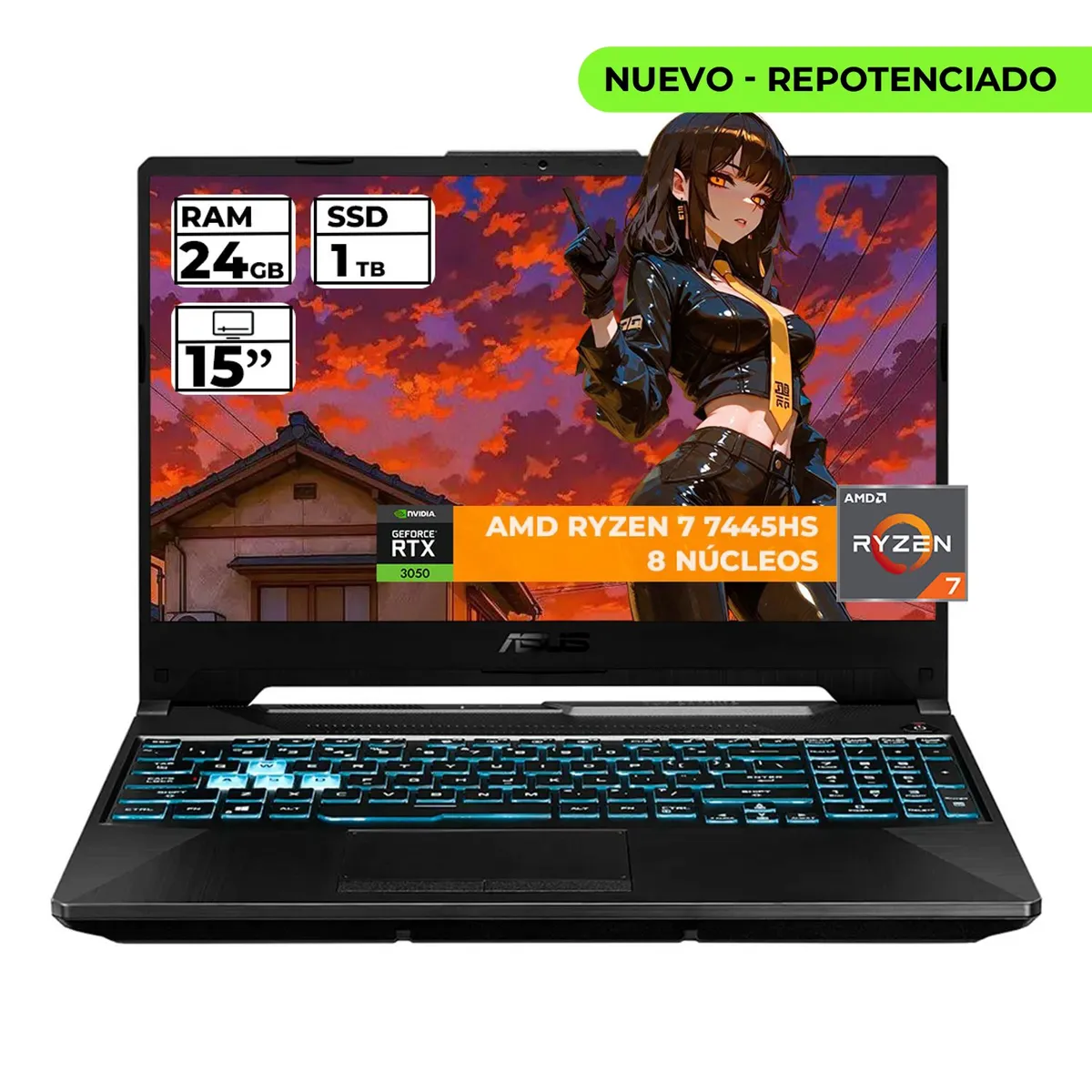 ASUS - PORTATIL GAMER ASUS TUF RYZEN 7 7445HS 24 GB RAM 1 TB SSD 15" FHD GEFORCE RTX 3050 4 GB NEGRO