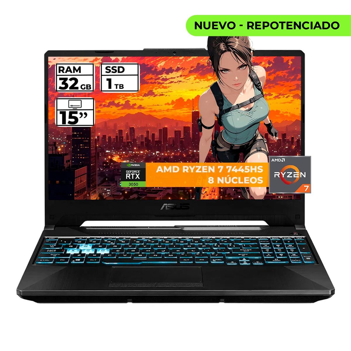 ASUS - PORTATIL GAMER ASUS TUF RYZEN 7 7445HS 32 GB RAM 1 TB SSD 15" FHD GEFORCE RTX 3050 4 GB NEGRO
