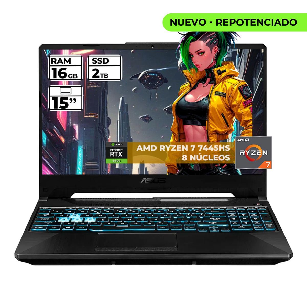 ASUS - PORTATIL GAMER ASUS TUF RYZEN 7 7445HS 16 GB RAM 2 TB SSD 15" FHD GEFORCE RTX 3050 4 GB NEGRO