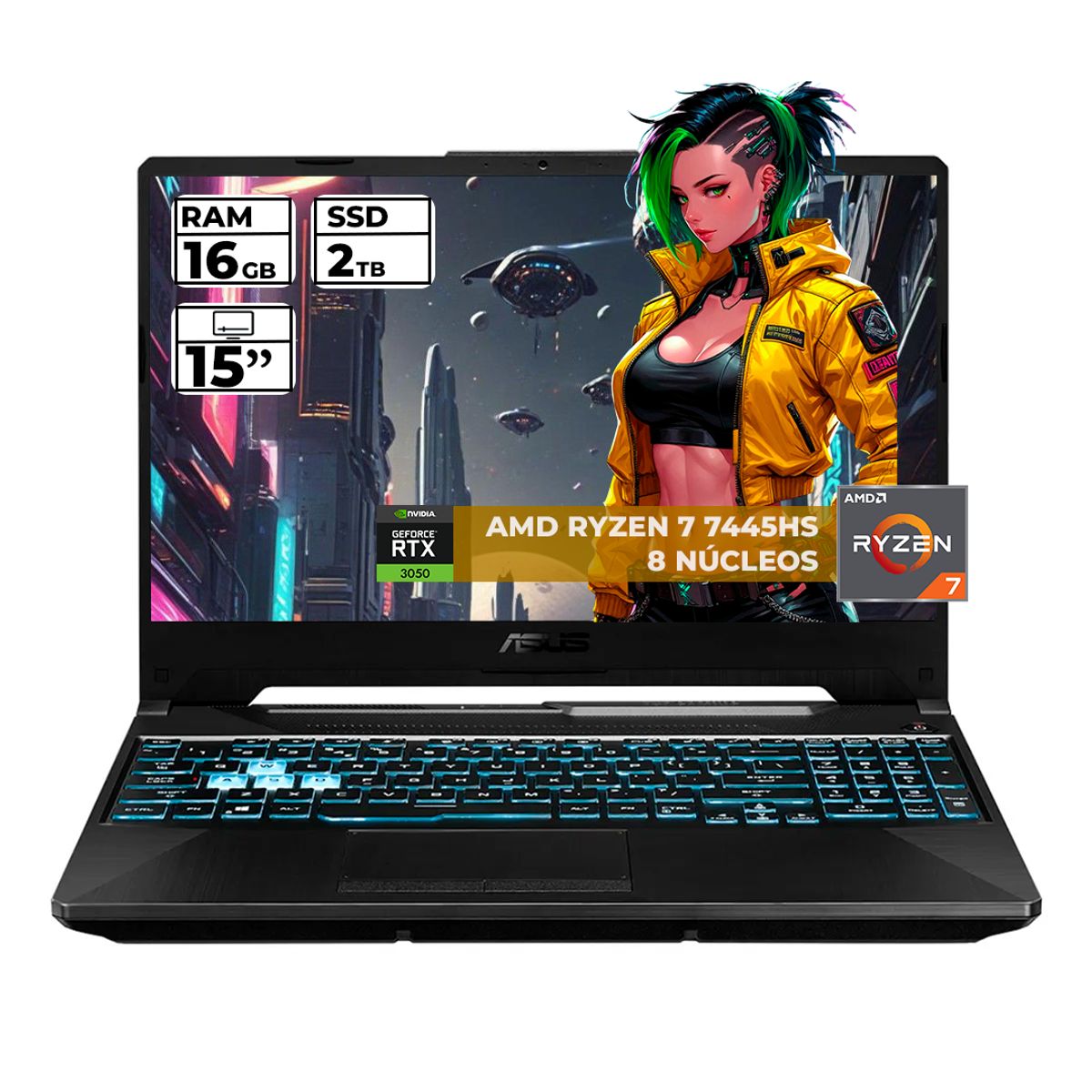 ASUS - PORTATIL GAMER ASUS TUF RYZEN 7 7445HS 16 GB RAM 2 TB SSD 15" FHD GEFORCE RTX 3050 4 GB NEGRO
