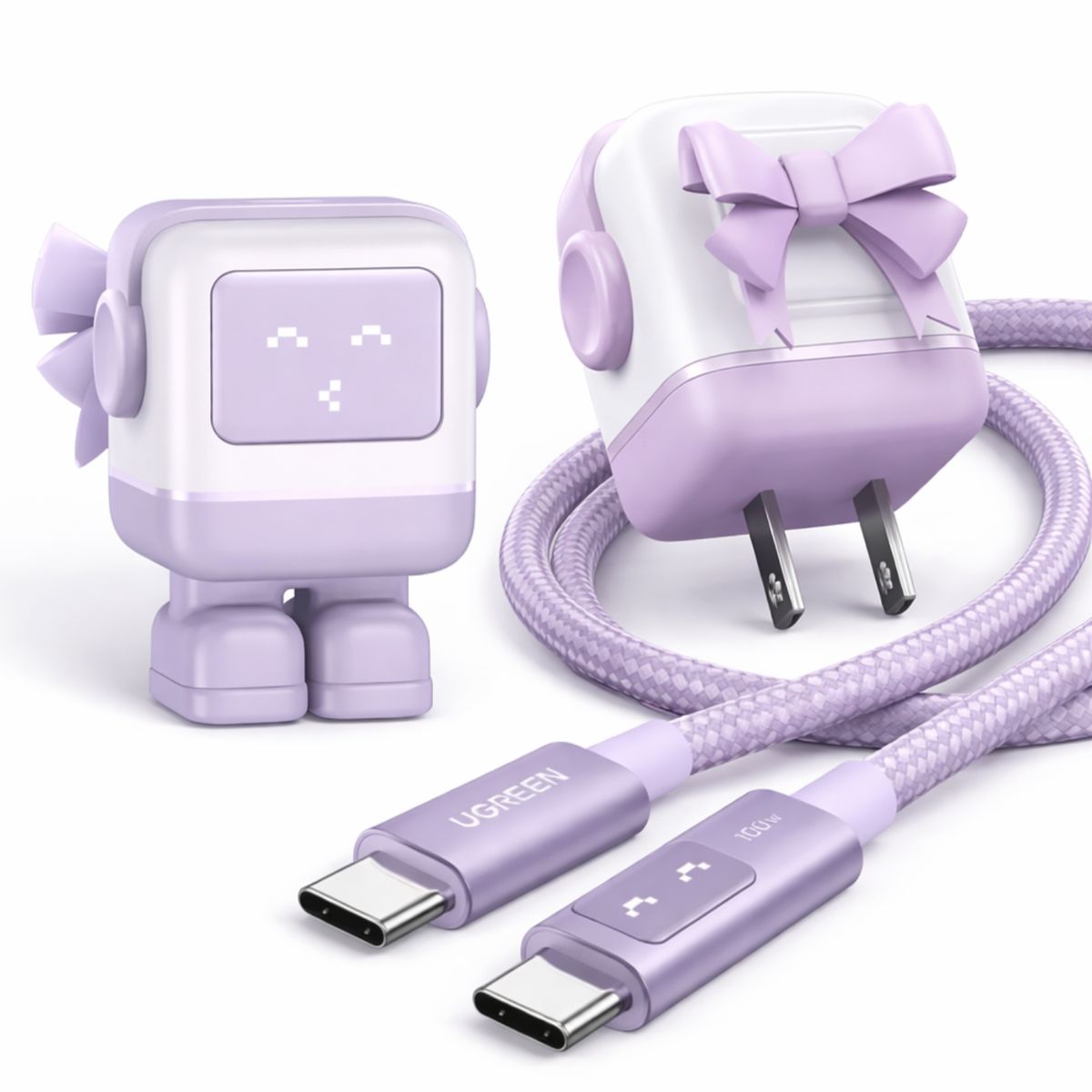 UGREEN - Kit Cargador Carga Rápida Robot 30W + Cable Led Ugreen USB-C Carga Rapida 100W 1Metro Purpura