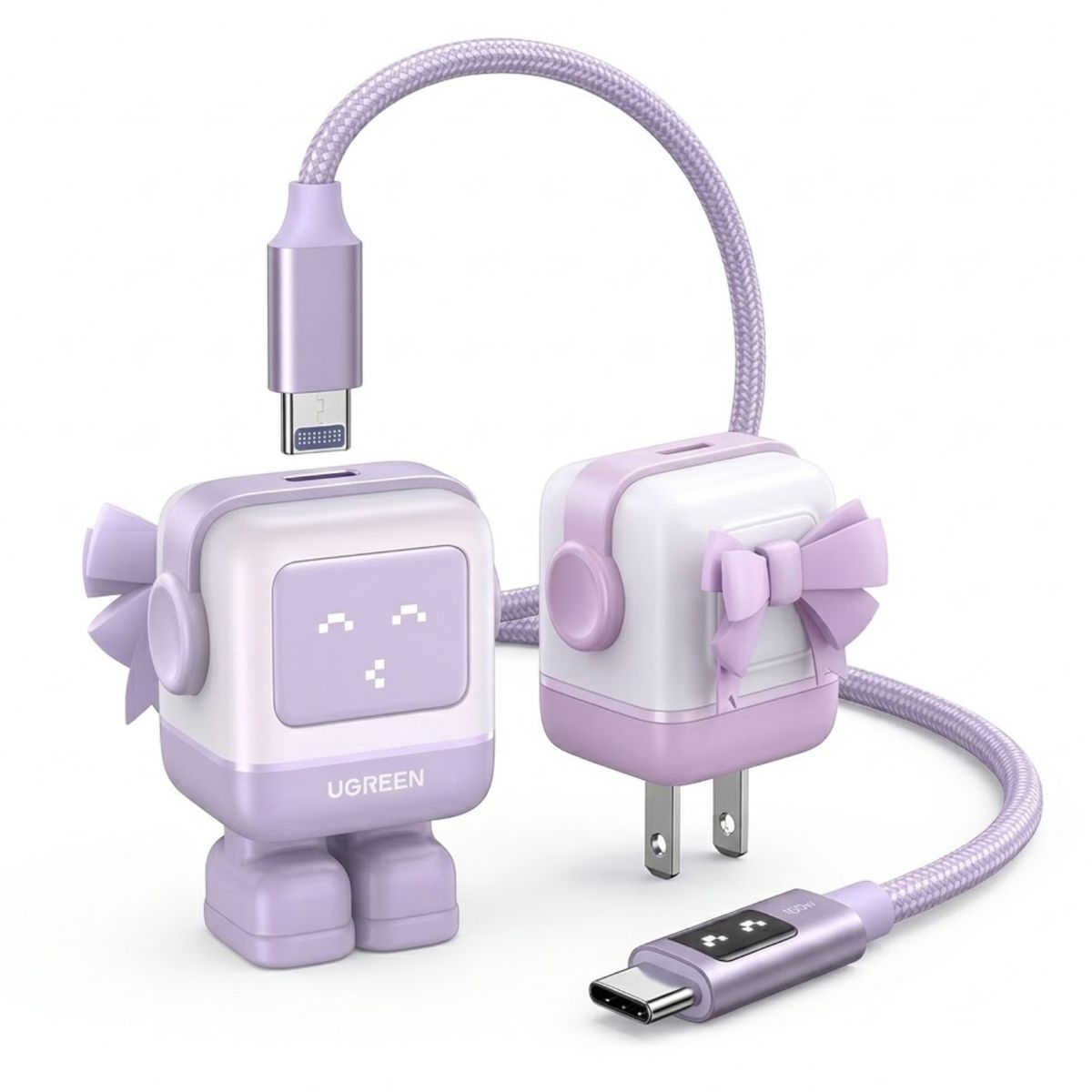 UGREEN - Kit Cargador Carga Rápida Robot 30W + Cable Led Ugreen USB-C Carga Rapida 100W 1Metro Purpura