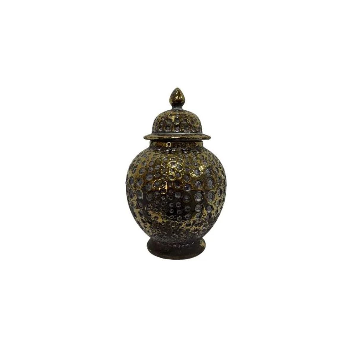 GENERICO - Adorno Ánfora Decorativa Vintage Con Puntos En Gris Con Dorado Tamaño Pequeño 28 X 16 Cm