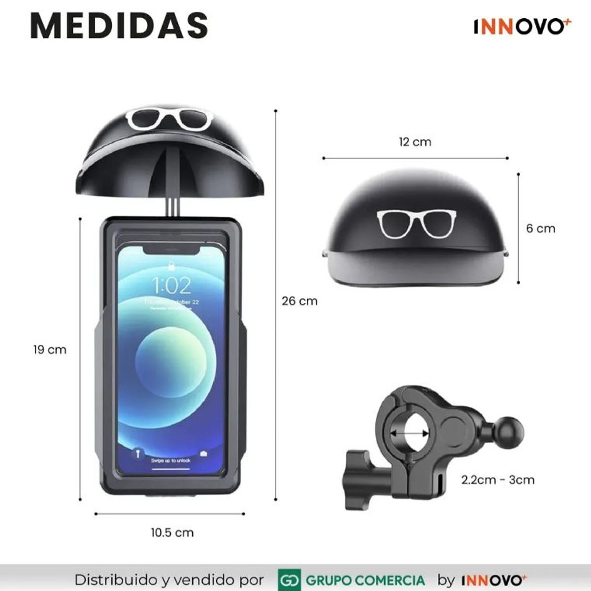 INNOVA - Soporte Celular Moto Y Bici Con Visera Solar E Impermeable Protección Pro Antivibración Negro Negro