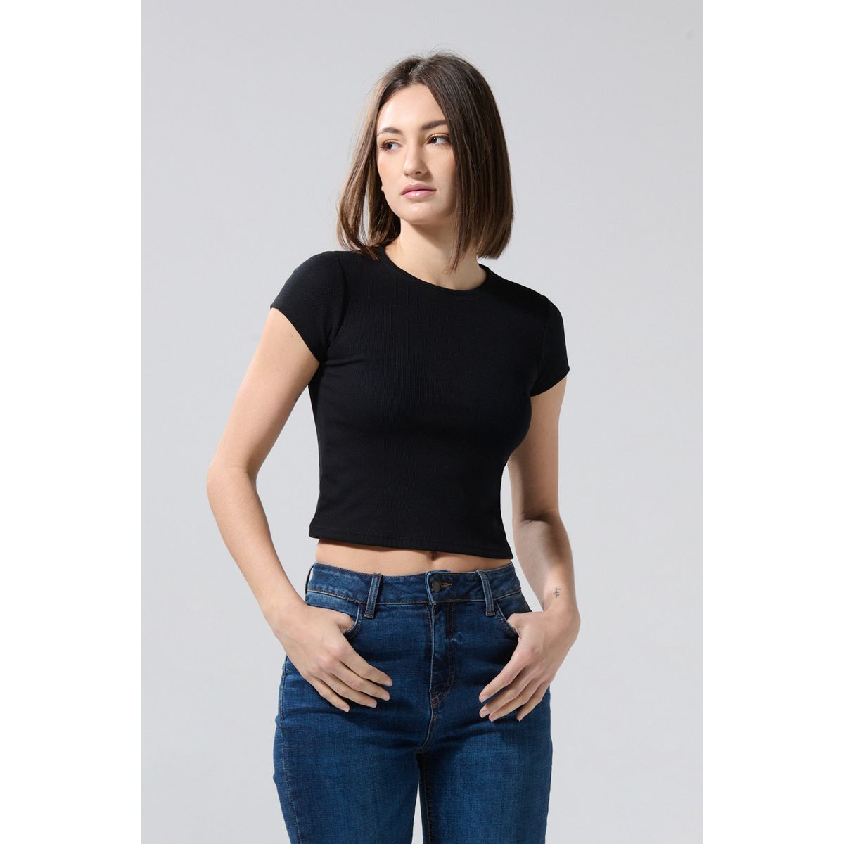 KOAJ - KOAJ Camiseta para mujer en tela acanalada, cuello redondo y Mujer