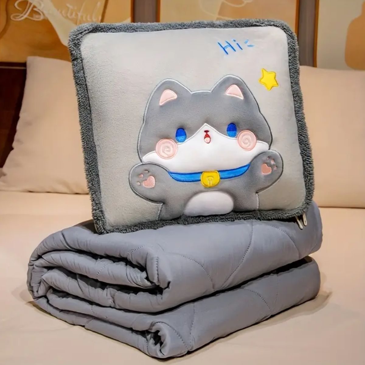 BEBESITOS - ALMOHADA COBIJA 2 EN 1 PARA NIÑOS REGALO PERFECTO COLOR GRIS
