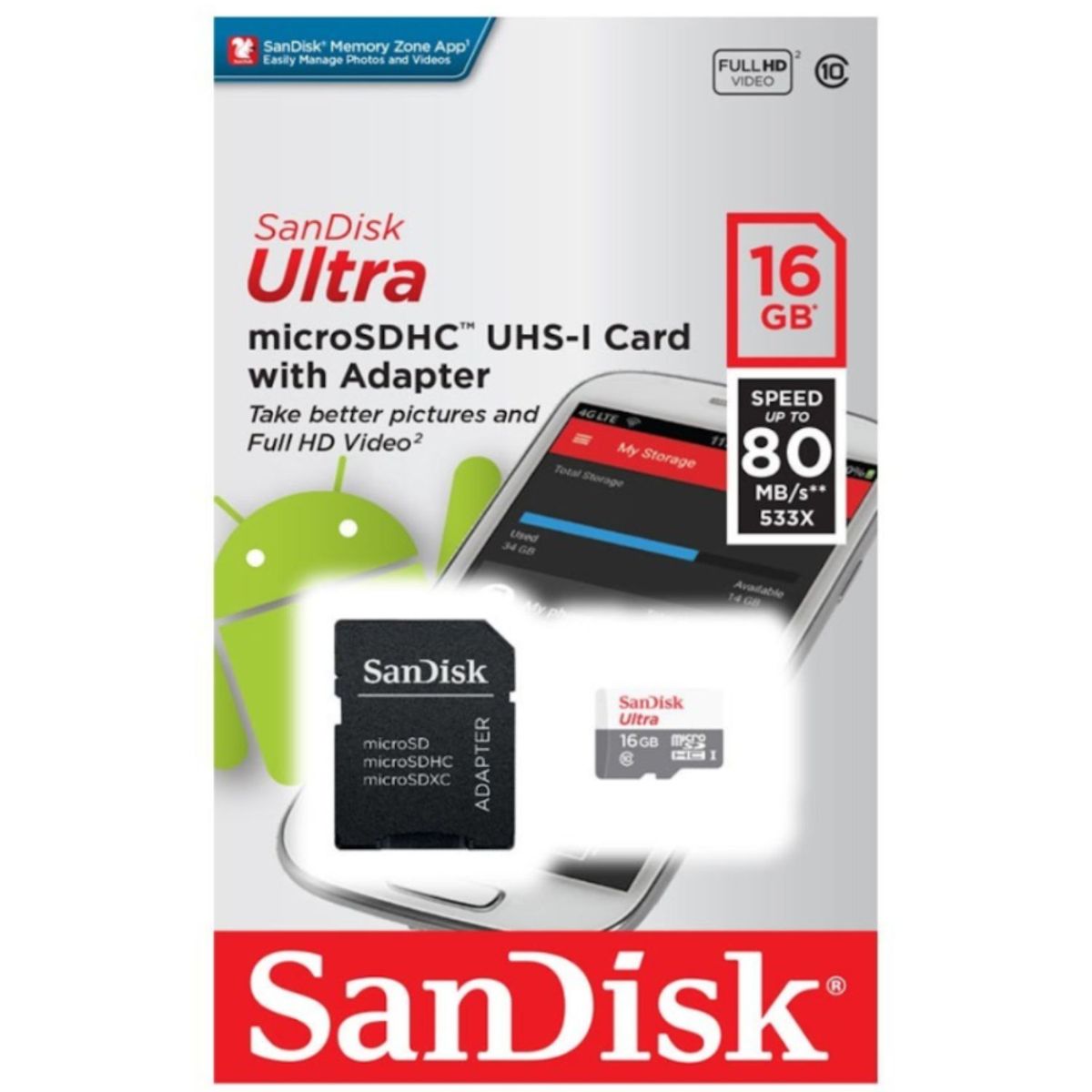 SANDISK - Memoria Micro SD Clase 10 Sandisk Original16 Gb 80mb/s