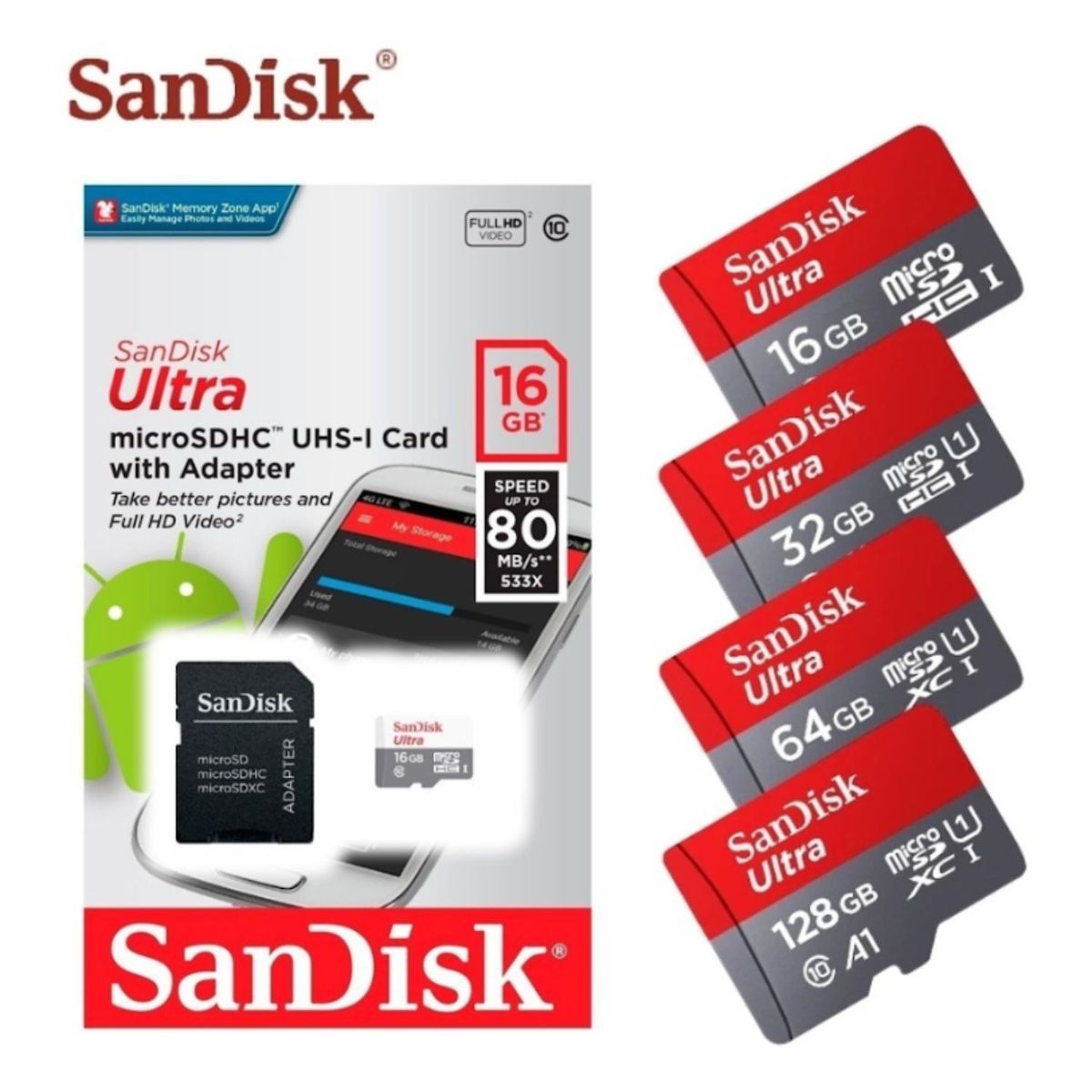 SANDISK - Memoria Micro SD Clase 10 Sandisk Original16 Gb 80mb/s