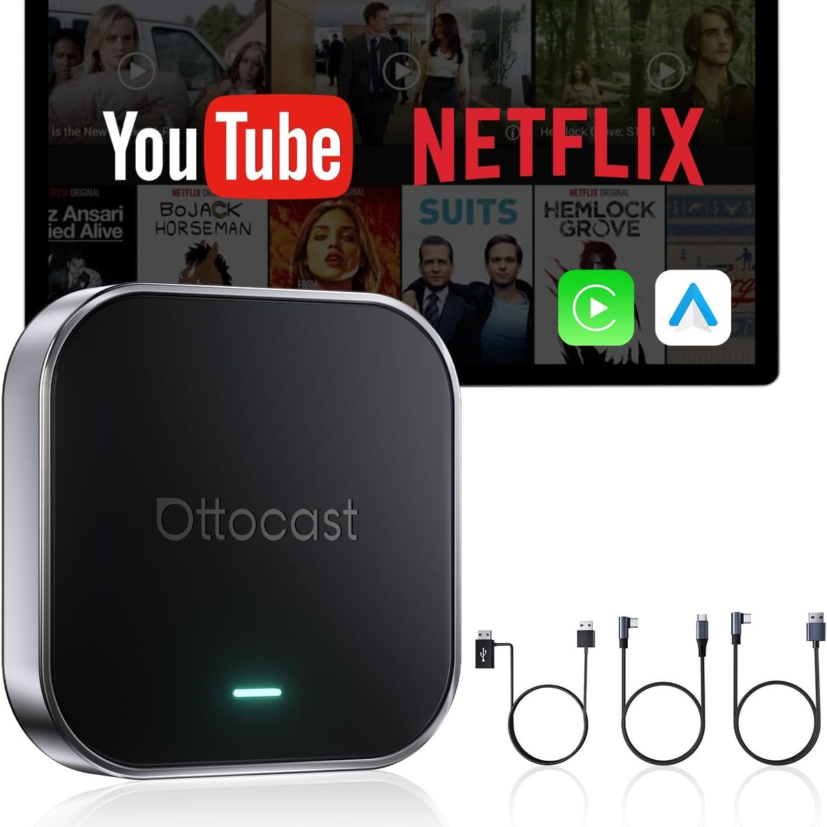 OTTOCAST - Ai Box Adaptador Inalámbrico Android Auto CarPlay Apps de Video PlayStore SimCard