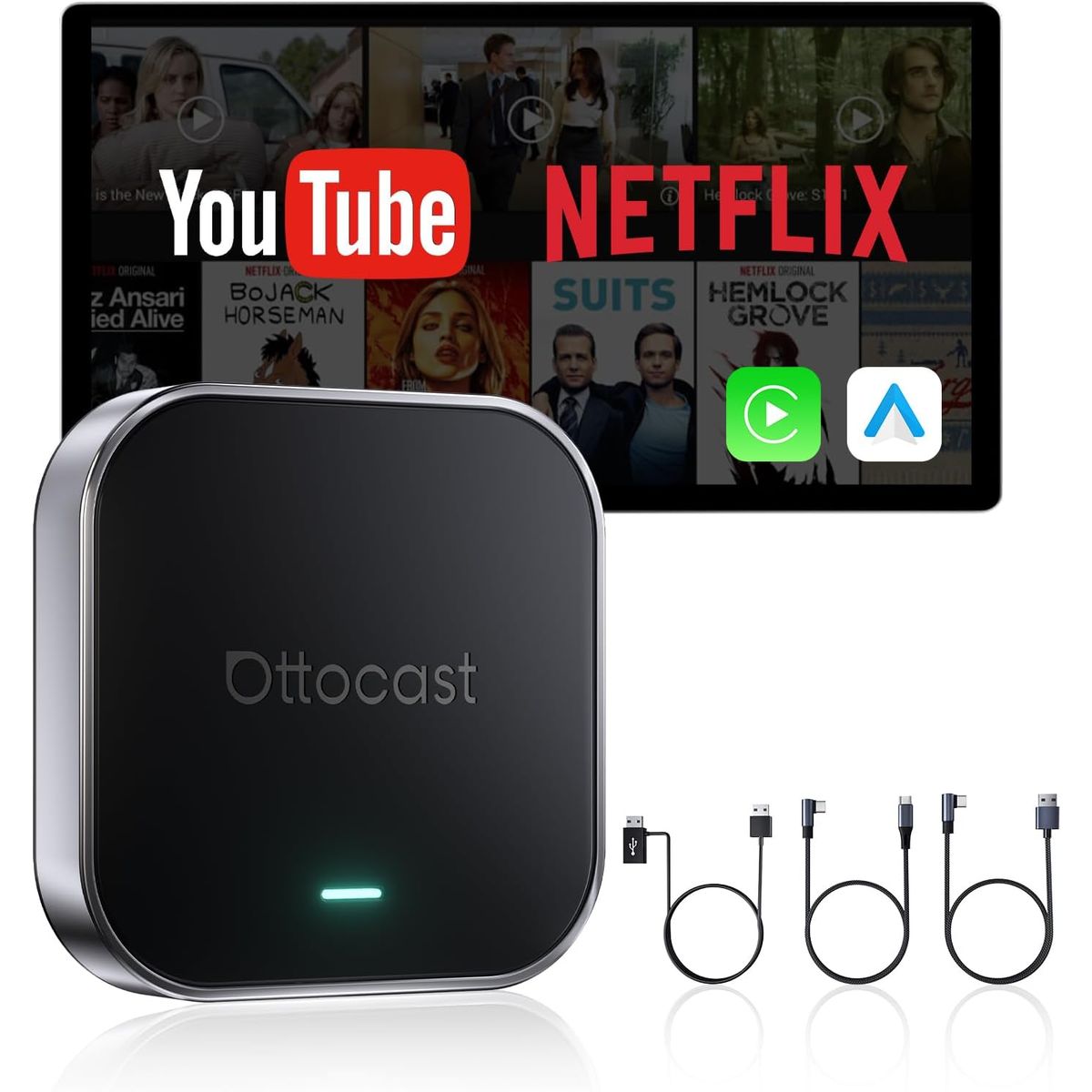 OTTOCAST - Ai Box Adaptador Inalámbrico Android Auto CarPlay Apps de Video PlayStore SimCard