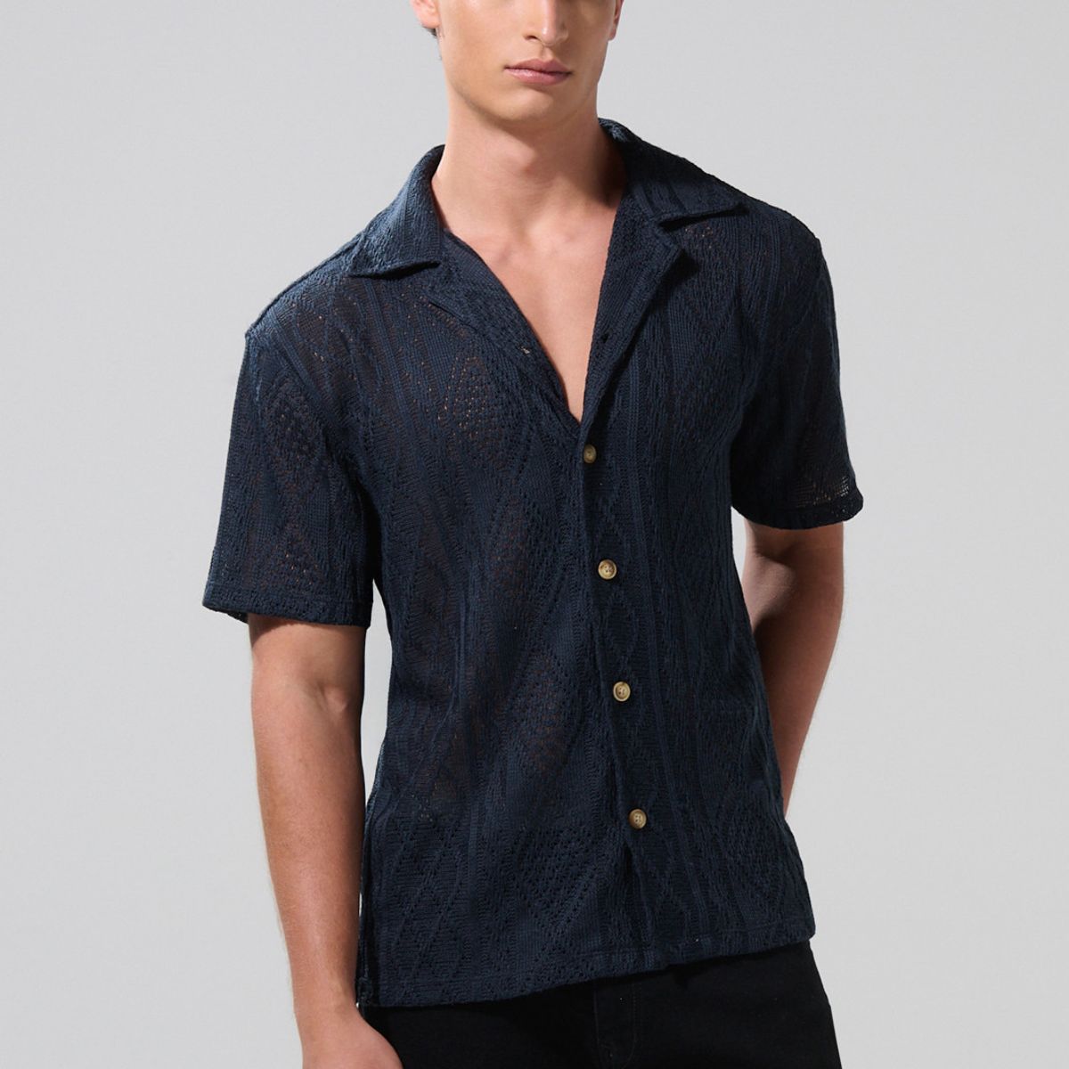 KOAJ - KOAJ Camisa cuello resort unicolor manga corta con texturas Hombre